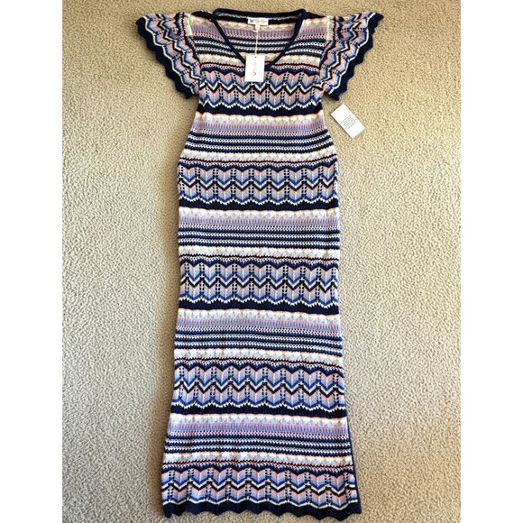 Jessica Simpson Dress Knit Chevron Maxi Flutter Sleeve Boho Festival - Picture 1 of 13